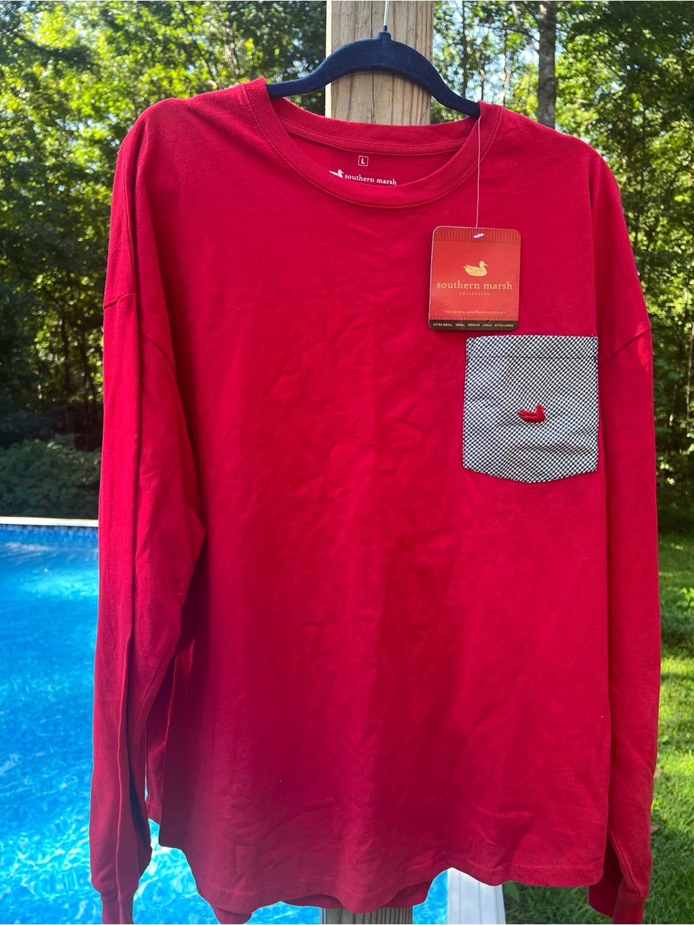 Southern Marsh Red Long-Sleeve Pocket Tee with Contrast Pocket